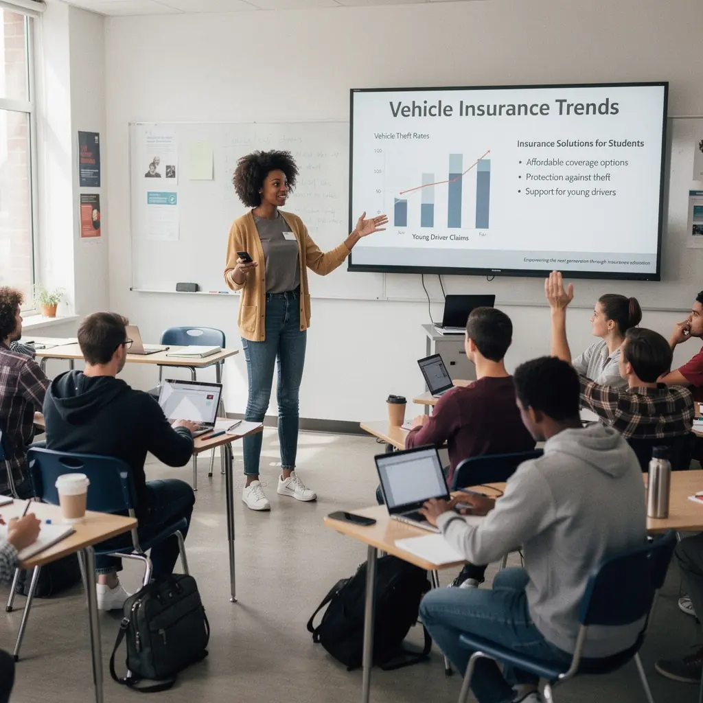 Группа людей, обсуждающих страховые полисы на фоне автомобиля